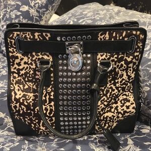 Michael Kors Black and Leopard-Print Studded Satchel